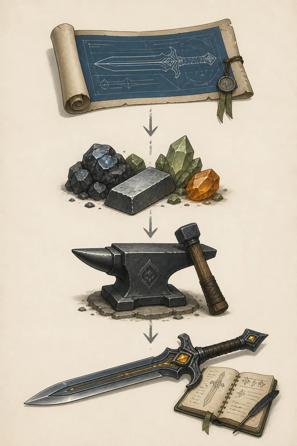 Editorial illustration of a blueprint, material, anvil, weapon, and notes for the Iron Soul Dungeon forge decision loop